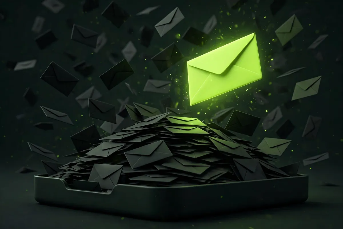 An overflowing inbox with one glowing envelope standing out